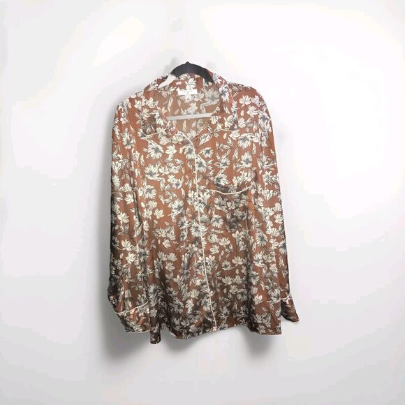 La Ligne Target Pajama Satin Top 2x Brown White Floral Long Sleeve Shirt Button - Picture 1 of 9